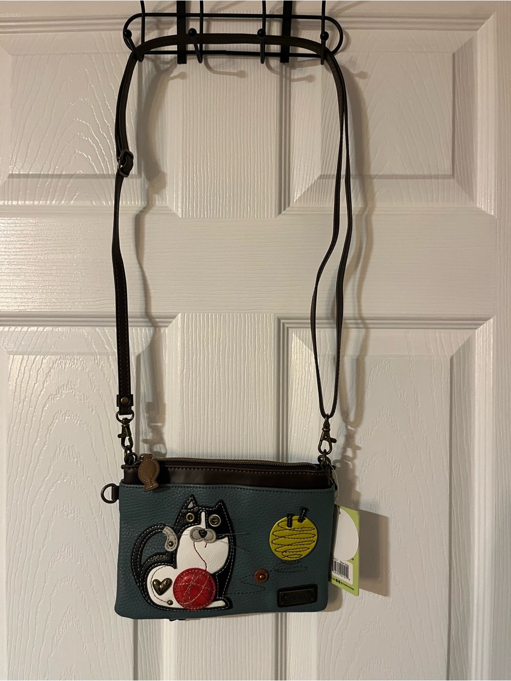 Chala Teal Cat Appliqué Crossbody Bag with Brown Strap
